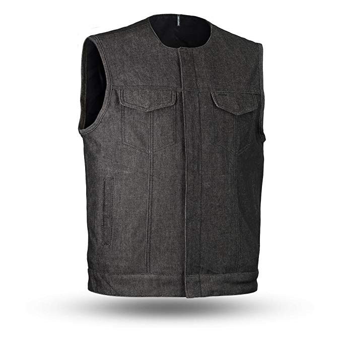 First Classics Mens Biker Riding Light Weight Charcoal Look blk Collarless Collar Denim Vest