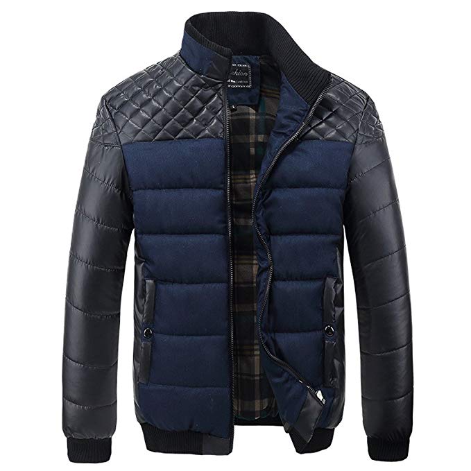 ALiberSoul Men's Stand Collar Cotton-Padded Jacket Contrast Color Winter Coat