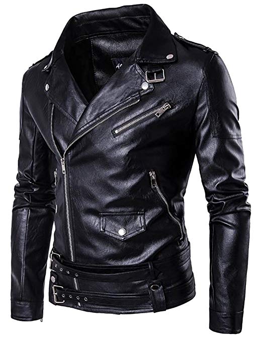 Papijam Men's Faux Leather Biker Zipper Belt Slim Punk Coat Jacket