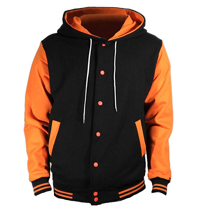 U World Men's Hood Cotton Varsity Baseball Jacket Orange