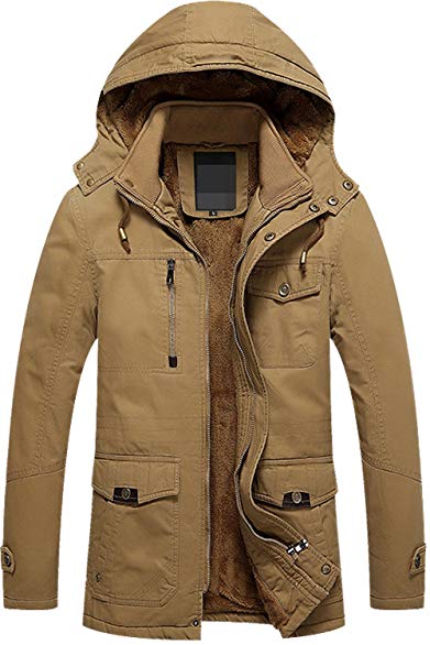 SWORLD Mens Cotton Snap-Front Fur Lined Coats Drawstring Hooded Jackets