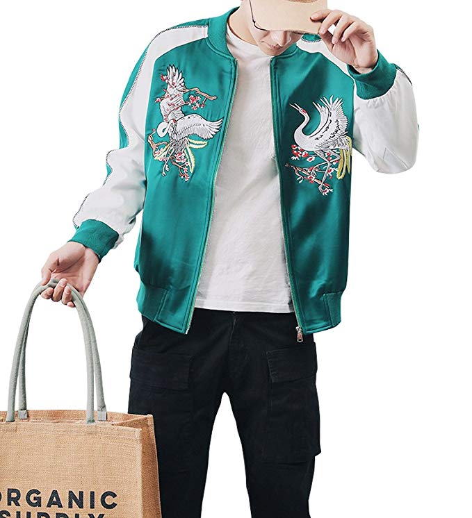 LETSQK Men's Retro Casual MA-1 Air Force Crane Embroidery Baseball Bomber Jacket