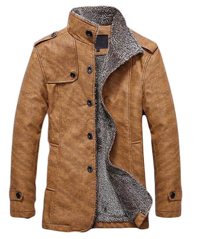 Zantt Mens Fleece Lined Stand Collar Single breasted Faux Leather Jacket Coat