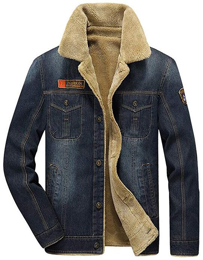 Jinmen Men's Thickened Denim Jacket with Fur Collar