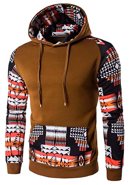 uninukoo-men clothes Unko Men Pocket Long Sleeve Ethnic Printing Hooded Hoodies Coffee