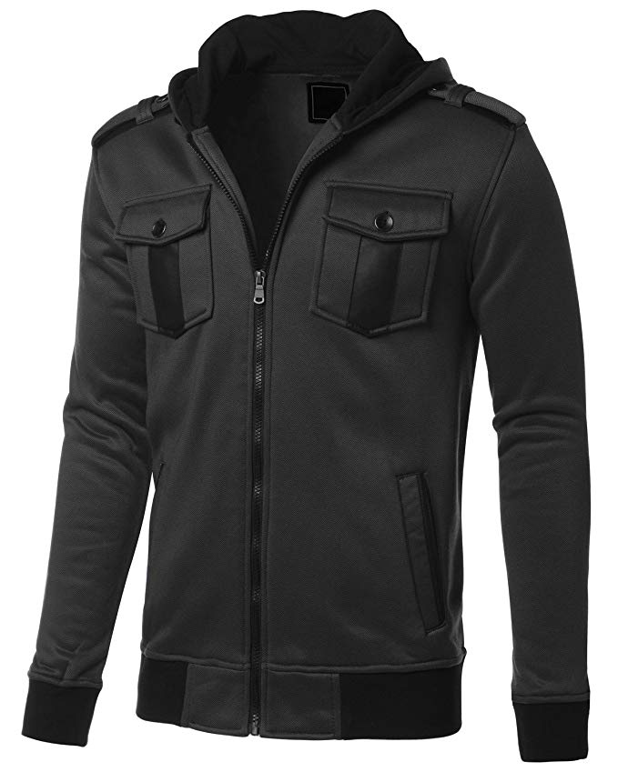 DressForLess Mens Slim fit Double Pocket Zip Up Printed Fleece Jacket with Hood