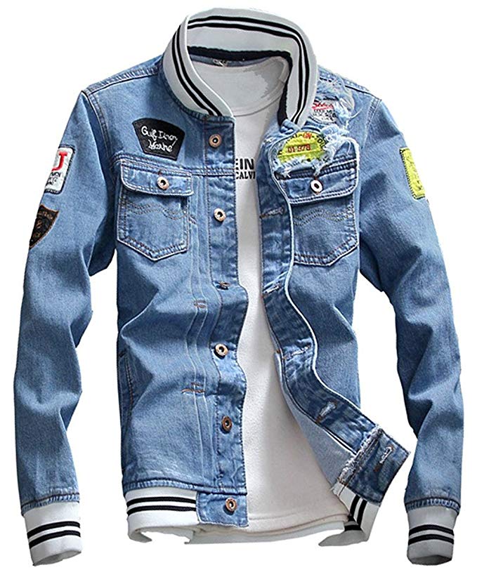 KAMUON Men’s Denim Jacket Casual Slim Fit Jean Collage Varsity Baseball Jacket