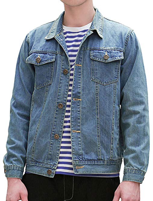 uxcell Men Single Breast Flap Pocket Long Sleeves Washed Classic Denim Jacket