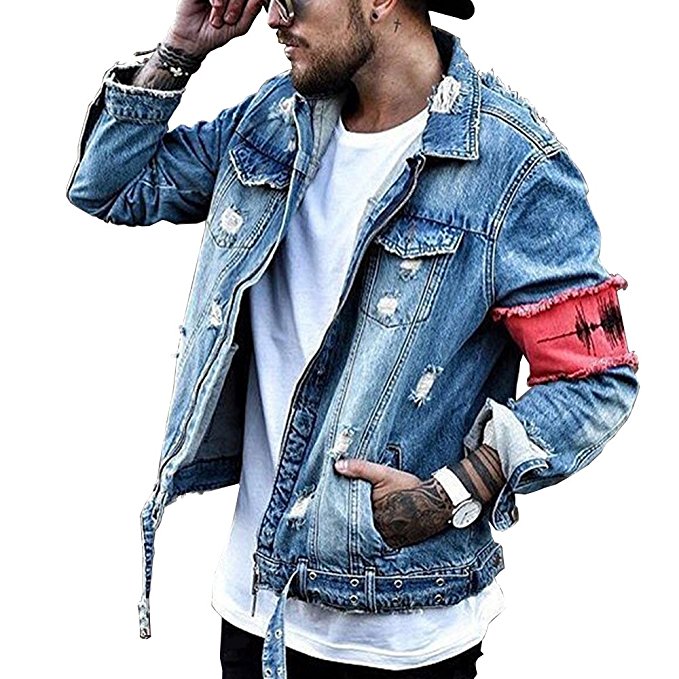 iooho Men's Denim Jacket Ripped Distressed Jeans Jacket Rugged Trucker Jacket for Man