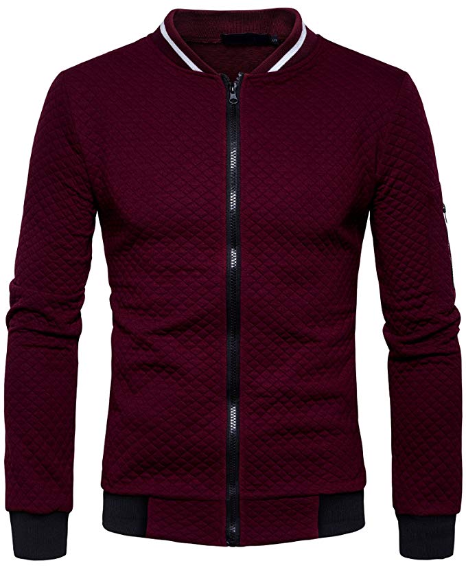 WHATLEES Mens Casual Solid Zip up Elastic Sleeve Slim Quilted Bomber Jacket with Pockets