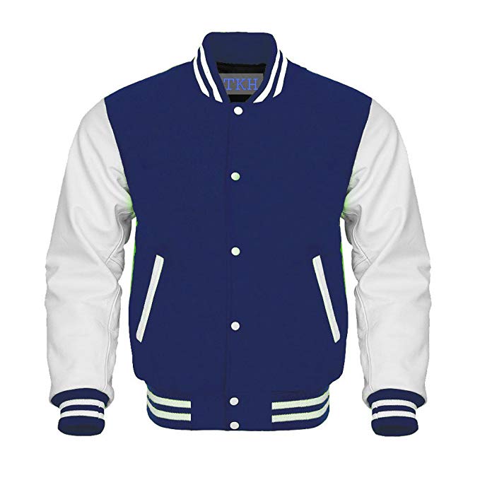 Design Custom Jackets Letterman Baseball Varsity Jacket White Leather Sleeves Navy Blue Wool