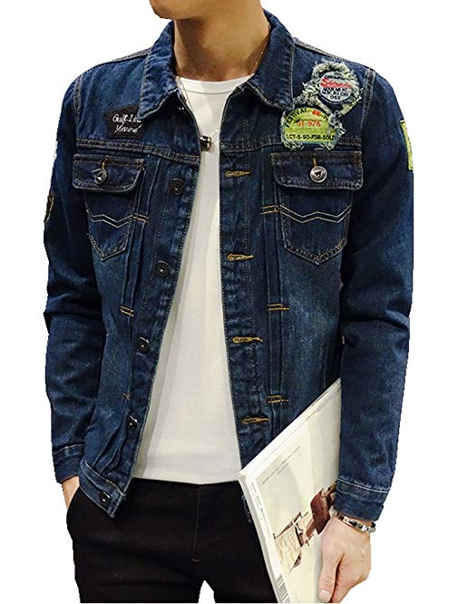 Plaid&Plain Slim Fit Turn Down Collar Label Patchwork Light Blue Denim Jacket