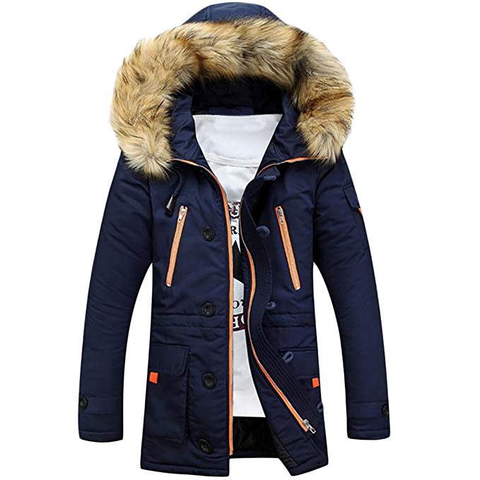 UUYUK Mens Winter Warm Hooded with Faux-Fur Trim Mid-Length Parka Coats