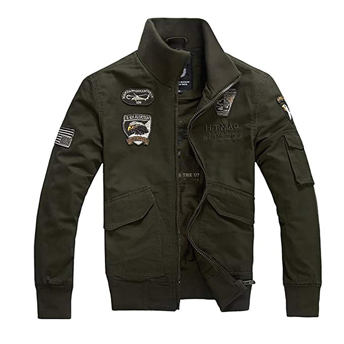 Men Military Jacket Casual Windbreaker Stand Collar Air Force Jackets with Embroidered Pattern Field Coat Outerwear