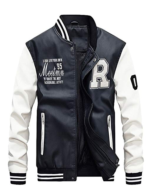 Mordenmiss Men's Basic Leather Letter Man Baseball Varsity Jacket Bomber Outwear