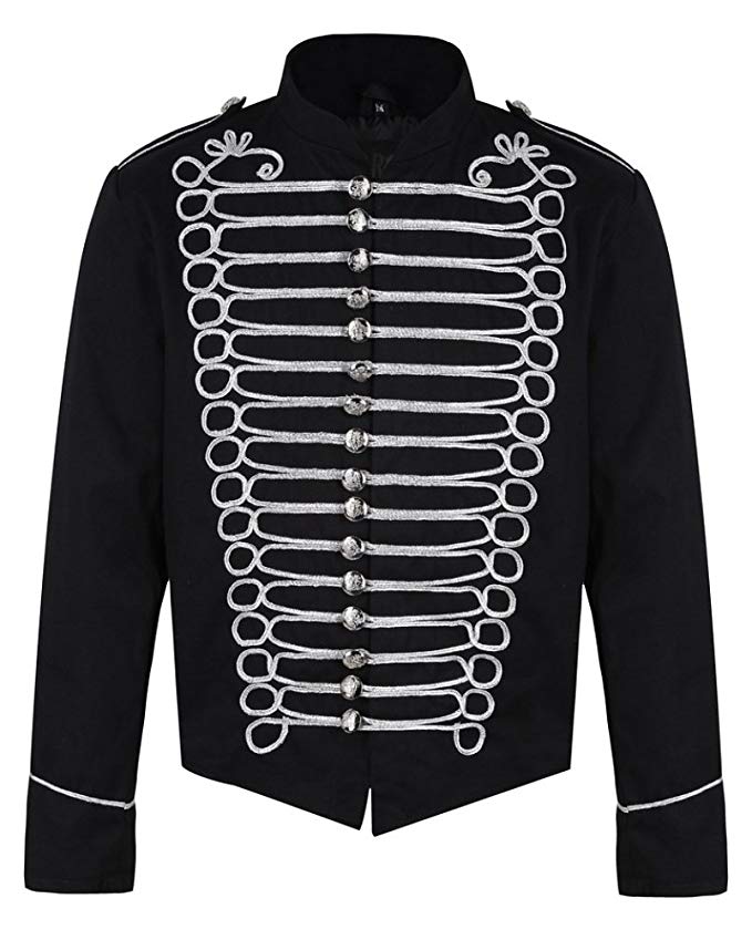 Ro Rox Men's Black Silver Punk Officer Military Drummer Parade Jacket