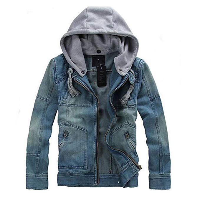 HUASHI Men's Casual Slim Jeans Detachable Hooded Jacket