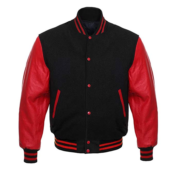 Letterman Baseball Varsity Jacket Red Genuine Leather Sleeves Black Blind Wool