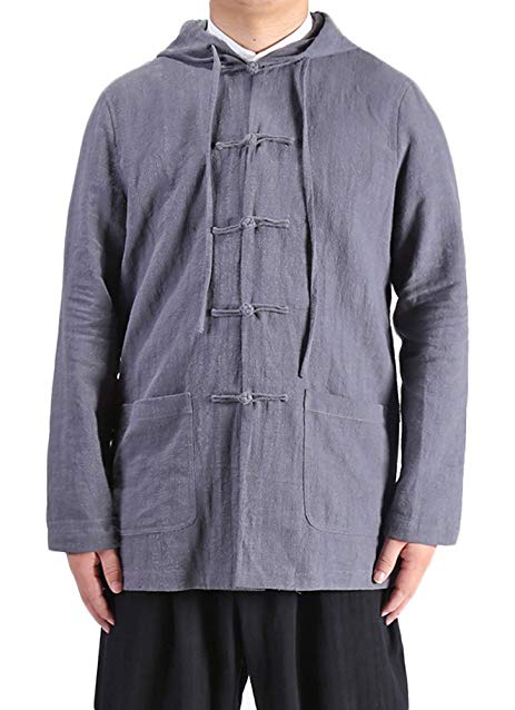 Plaid&Plain Men's Causal Long Sleeve Hooded Frog Button Linen jacket kung fu clothing