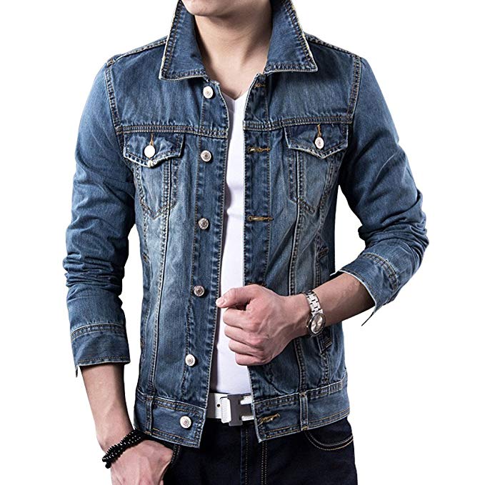 LETSQK Men's Classic Slim Fit Blue Trucker Unlined Jean Denim Jacket