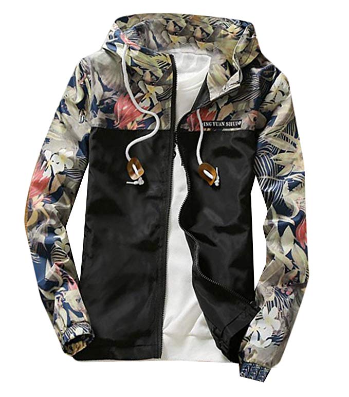 BYBU-Men Floral Print Hooded Windbreaker Jacket Sports Coat