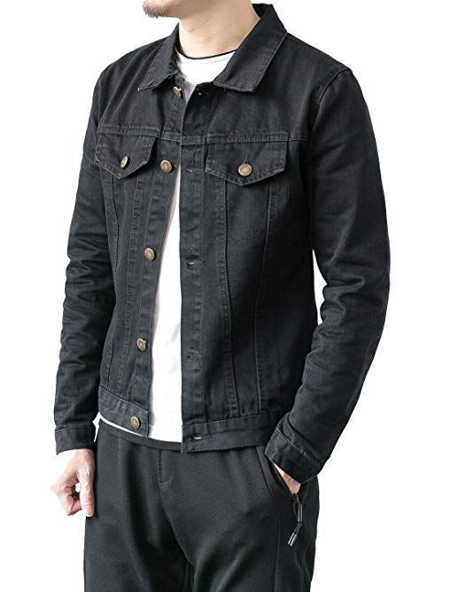 Unko Mens Casual Button Front Relaxed Denim Trucker Jacket US-M Black