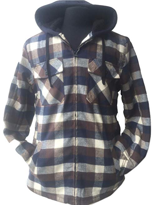 Golden Tree Big and Tall Men's Full Zip Hooded Flannel Sherpa Lined Long Sleeve Warm Jacket