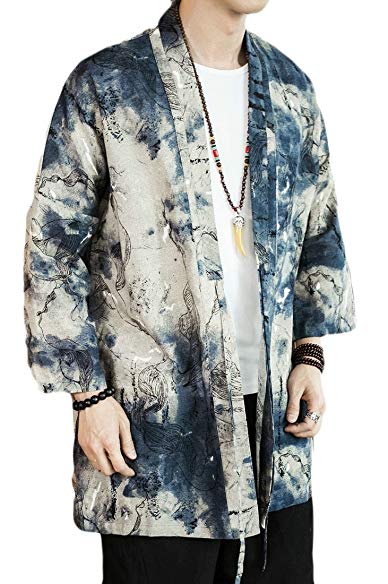 Coolred-Men Chinese Hanfu Abstract Draped Kimono Open-Front Cardigan