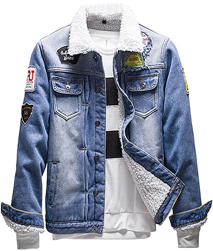 LifeHe Men's Winter Fleece Lined Fur Collar Patches Denim Jacket Coats