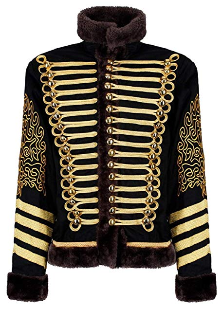 Ro Rox Men's Black Gold Hussar Steampunk Parade Jacket Faux Fur