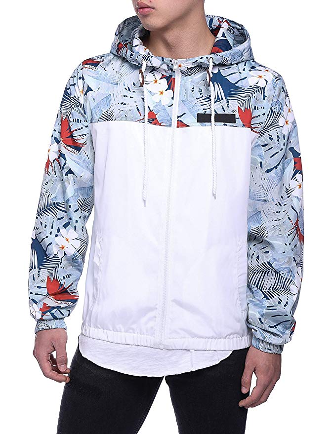 HEQU Men's Floral Hooded Windbreaker Lightweight Zip-up Jacket with Pocket