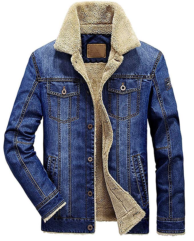 Wintie Men's Classic Fit Blue Faux Shearling Collar Slim Denim Jackets