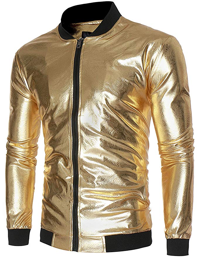 ZEROYAA Men's Night Club Hipster Metallic Shiny Slim Fit Zip up Jacket