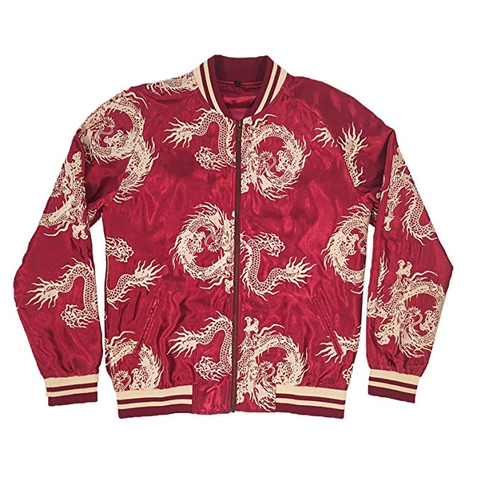 Unisex Burgundy/Gold All-Over Dragon Souvenir Jacket