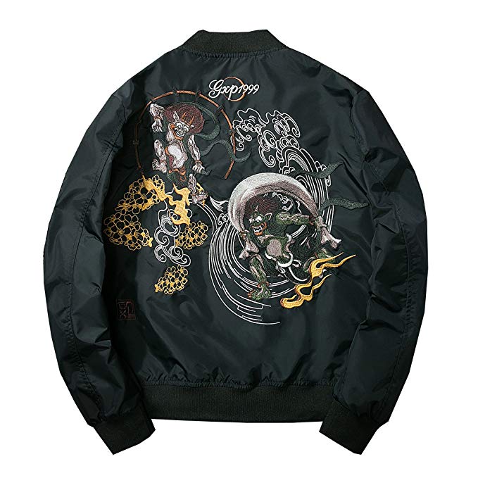 Lemosery Men's Fashion Chinese Embroidered Totem Bomber Jacket Windbreaker Moto Baseball Jacket