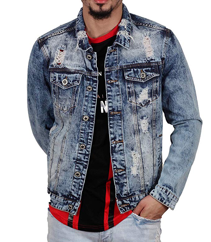 Trillnation Shredded Denim Jacket in Medium Blue