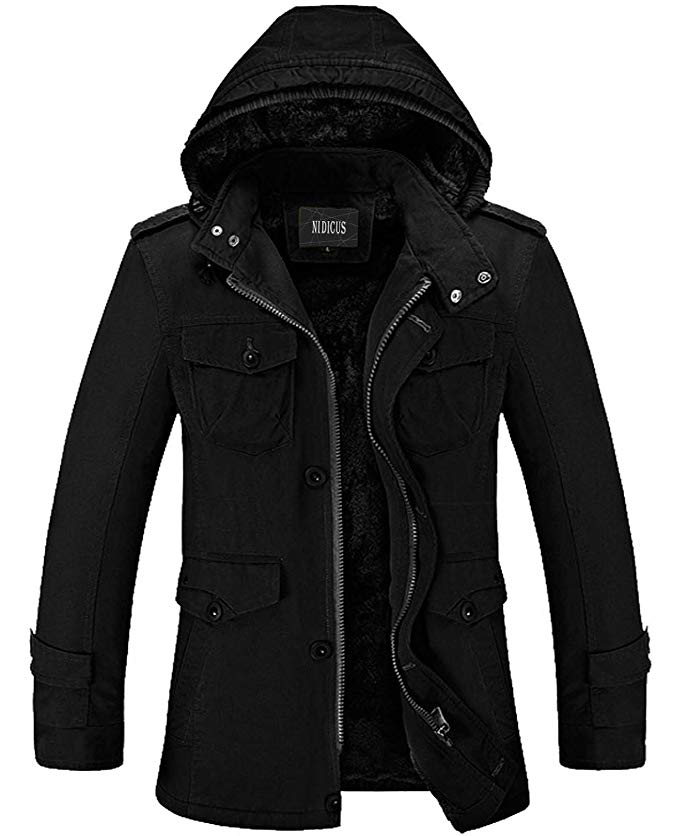 Nidicus Mens Classic Zipper up Pea Coat with Removable Hood & Fleece Lining