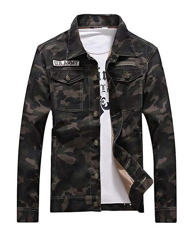 ARRIVE GUIDE Men's Casual Slim Fit Camo Outdoor Pockets Army Denim Jackets