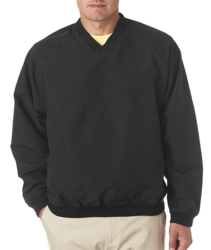 UltraClub Adult Cross-Over V-Neck Microfiber Windshirt, Blk/Blk, Large