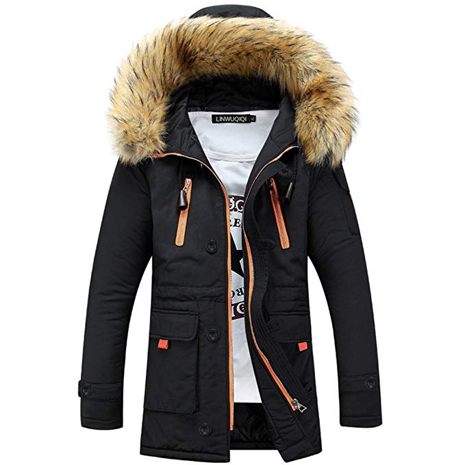 DeLamode Men's Fur Cap Cotton Coat Waterproof Warm Breathable Zipper Jacket