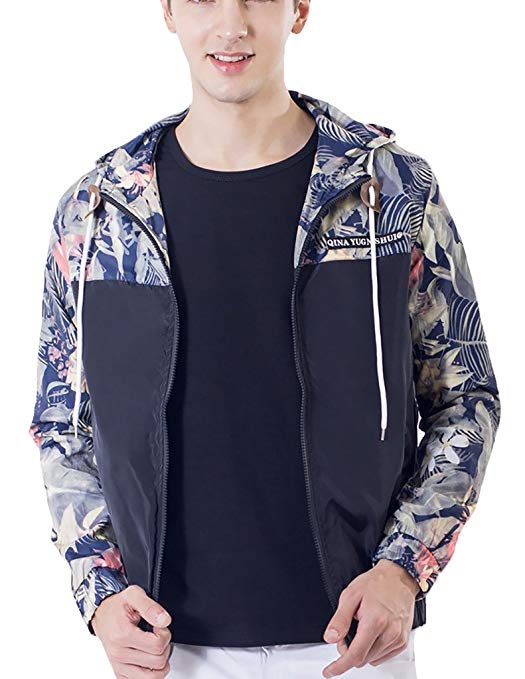 Donzev Men's Light Weight Jacket Long Sleeve Flower Printed Hood Jacket