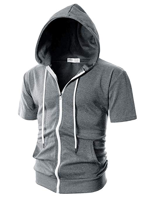 Ohoo Mens Slim Fit Short Sleeve Lightweight Zip-up Hoodie with Kanga Pocket