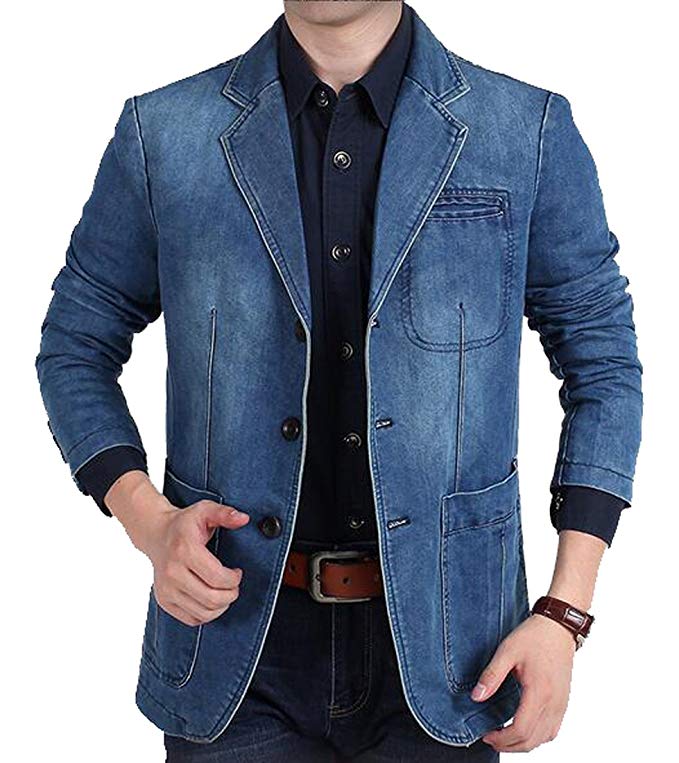 MK988 Mens Casual 3 Button Washed Denim Blazer Jacket Sport Coat