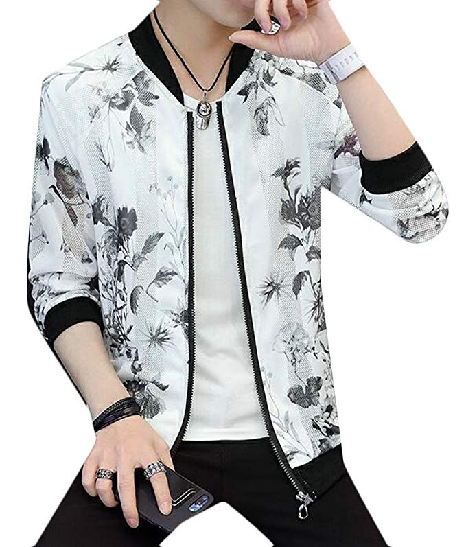 Suncolor8 Men Sunscreen Mesh Ultrathin Breathable Floral Print Windbreaker Coat Jacket