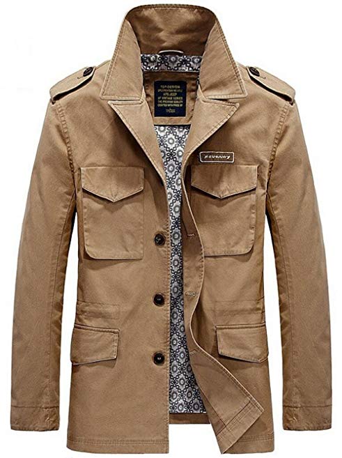 JIAX Mens Multi Pockets Autumn Military Casual Long Sleeve Cotton Zipped Jacket