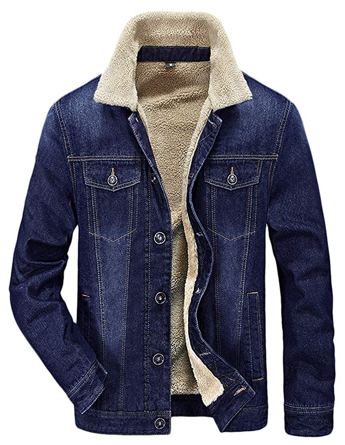 HOW'ON Men's Plus Cotton Warm Fur Collar Sherpa Lined Denim Jacket Button Down Classy Casual Quilted Jeans Coats Outwear