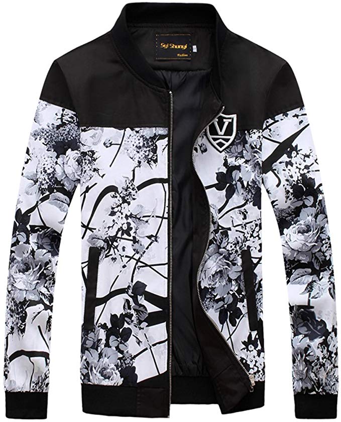 QZUnique Men's Fashion Printing Jacket Long Sleeve Slim Fit Zip Front Coat