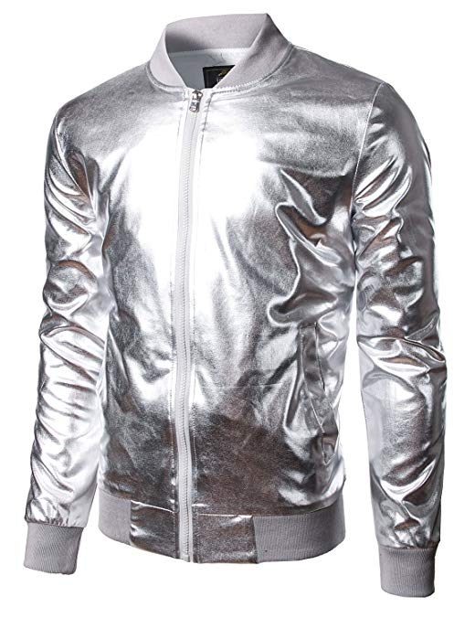 JOGAL Mens Metallic Nightclub Styles Zip Up Varsity Baseball Bomber Jacket