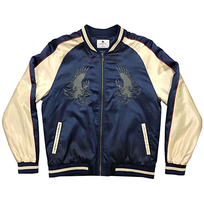 Embroidered Tonal Eagle Souvenir Bomber Varsity Jacket - Navy/Gold