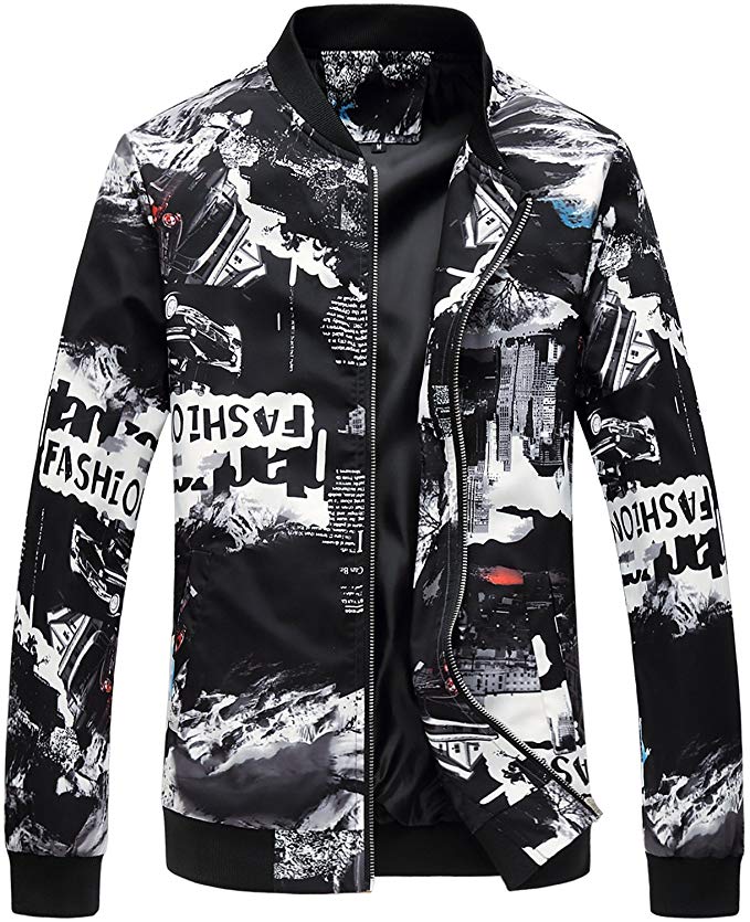 HENGAO Men's Stylish Printed Zipper Front Bomber Jacket